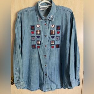 Vintage Capacity Denim Embroidered Grandma-core Button Down Shirt Sz L READ